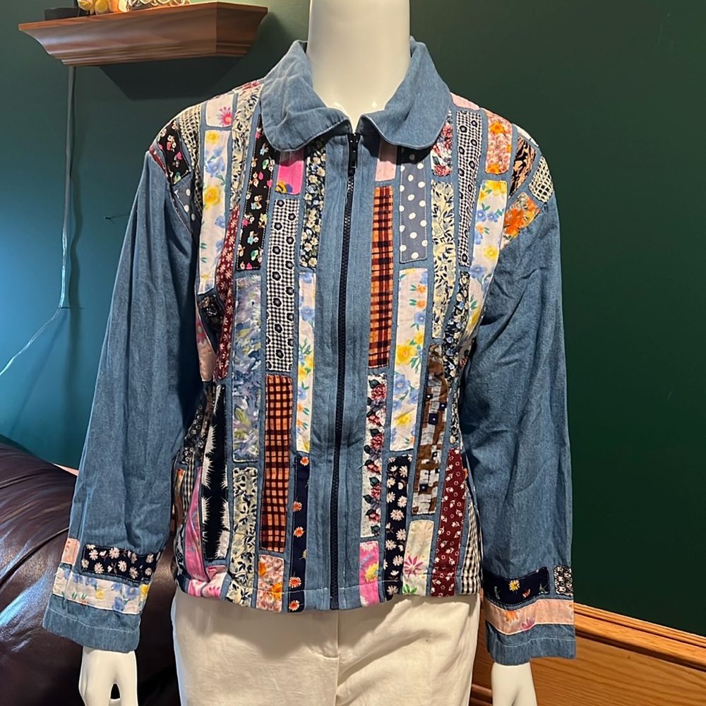 Vintage Patchwork Lightweight Boxy Denim Zip-Up J… - image 1
